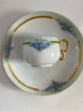 Antique Floral Gold-Trim Teacup & 7.5” Luncheon plate White with Blue Flowers